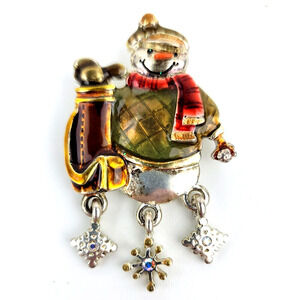 AJMC Signed Snowman Golfer Brooch Painted Enamel Rhinestone Snowflakes 2 in Long